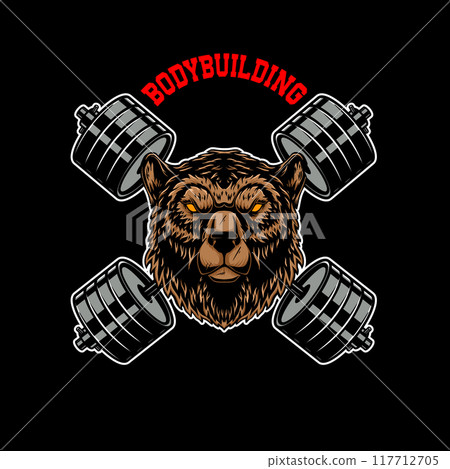 Grizzly bear with crossed barbells. Design element for logo, emblem, sign, poster, t shirt. Vector illustration 117712705