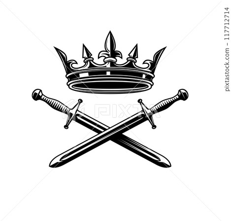 Illustration of king crown and crossed swords in monochrome style. Design element for logo, emblem, sign, poster, t shirt. Vector illustration 117712714