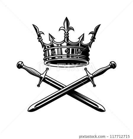 Illustration of king crown and crossed swords in monochrome style. Design element for logo, emblem, sign, poster, t shirt. Vector illustration 117712715
