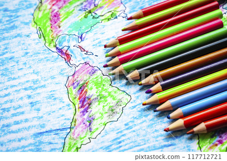 Color drawing world map with colored pencils for children and kids. Color drawing world map with colored pencils for children and kids. 117712721
