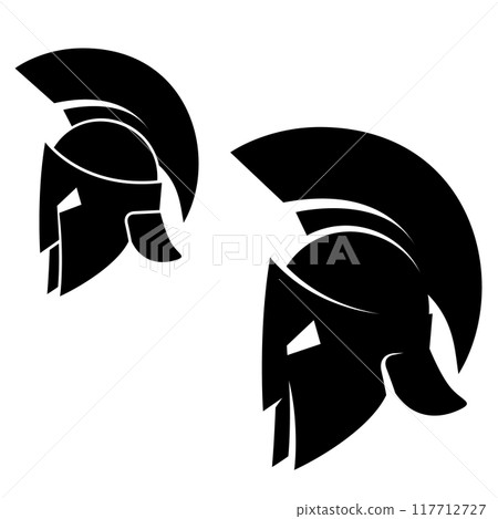 Spartan helmet in monochrome style. Design element for poster, emblem, sign, logo, label. Vector illustration 117712727