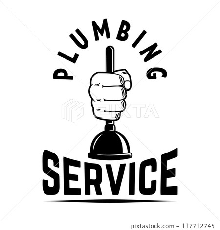 Plumbing service. Hand with plumbing plunger . Design element for logo, label, sign. Vector illustration Plumbing service. Hand with plumbing plunger . Design element for logo, label, sign. Vector illustration 117712745