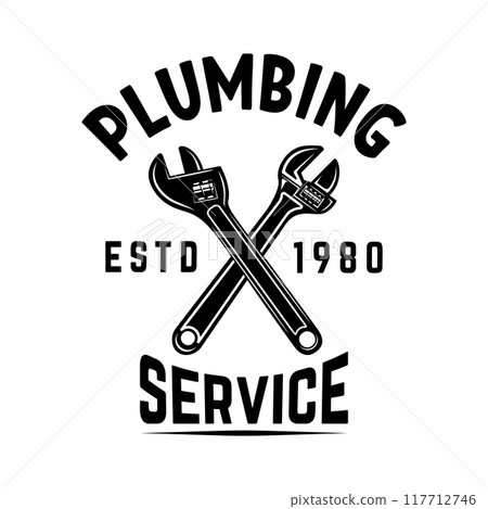 Plumbing service. Crossed plumbing wrenches. Design element for logo, label, sign. Vector illustration Plumbing service. Crossed plumbing wrenches. Design element for logo, label, sign. Vector illustration 117712746