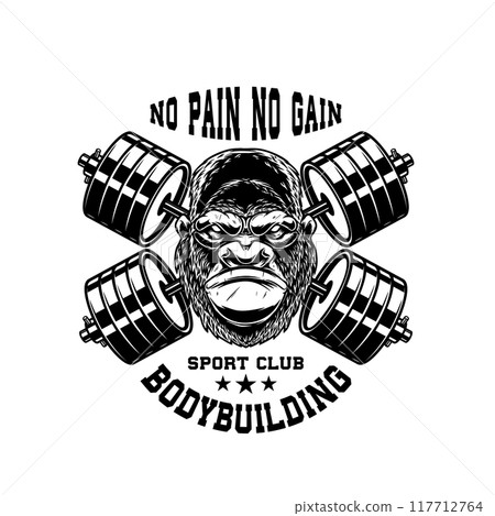 Gorilla with crossed gym barbells. Design element for logo, emblem, sign, poster, t shirt. Vector illustration 117712764
