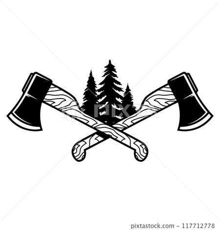Crossed lumberjack axes with trees. Design element for logo, emblem, sign, poster, t shirt. Vector illustration Crossed lumberjack axes with trees. Design element for logo, emblem, sign, poster, t shirt. Vector illustration 117712778