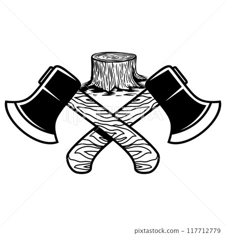 Crossed lumberjack axes with trees. Design element for logo, emblem, sign, poster, t shirt. Vector illustration 117712779