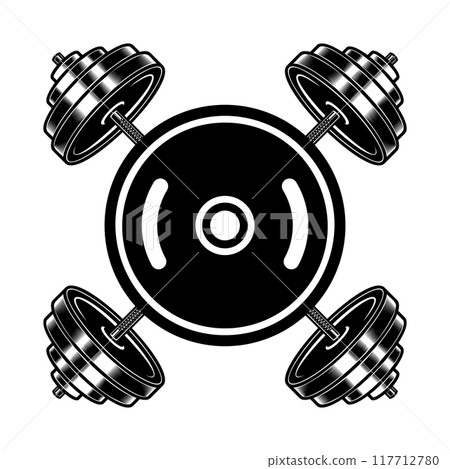 Illustration of crossed gym barbells in vintage monochrome style. Design element for logo, label, sign, emblem, poster. Vector illustration 117712780