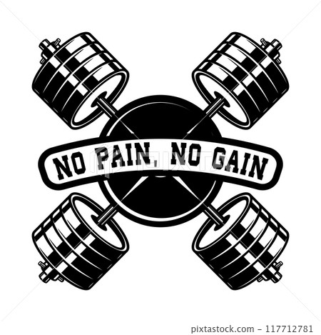 Illustration of crossed gym barbells in vintage monochrome style. Design element for logo, label, sign, emblem, poster. Vector illustration 117712781