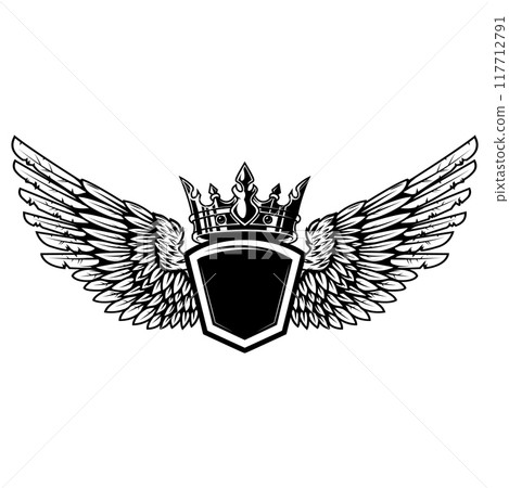 Emblem template with wings and crown. Design element for logo, label, sign, emblem. Vector illustration 117712791