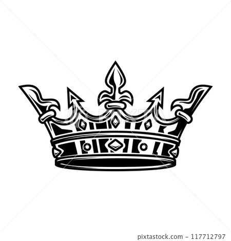Illustration of king crown in monochrome style. Design element for logo, emblem, sign, poster, t shirt. Vector illustration 117712797