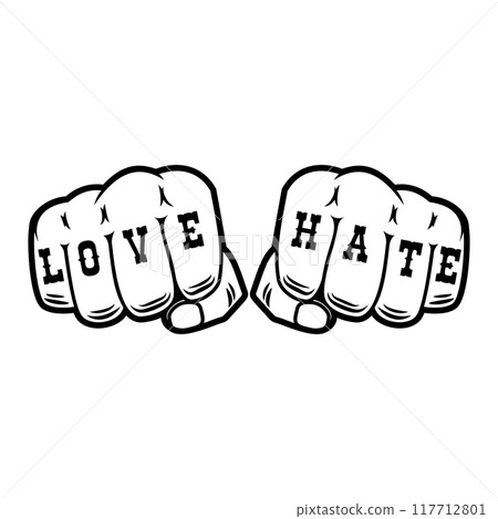 Human fists with tattoo love hate . Design element for logo, label, sign. Vector illustration Human fists with tattoo love hate . Design element for logo, label, sign. Vector illustration 117712801