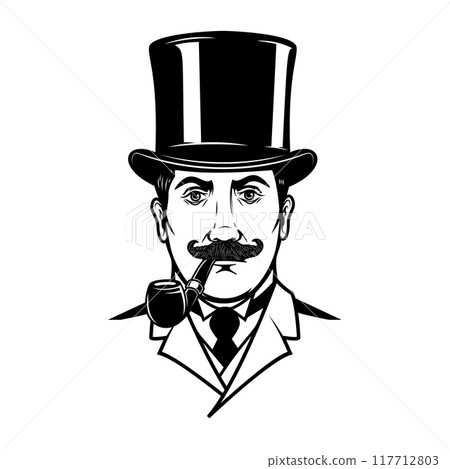 Gentleman with smoking pipe. Design element for logo, label, sign. Vector illustration 117712803