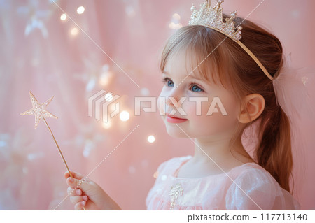 Little princess holding a magic wand on pink background 117713140
