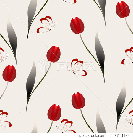 Seamless pattern with red tulips on a beige background. 117713184