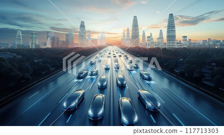 Futuristic autonomous self driving electric cars on highway in smart city at sunset. AI, technology, and transportation concept. Futuristic autonomous self driving electric cars on highway in smart city at sunset. AI, technology, and transportation concept. 117713303