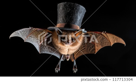 Close up of a bat with wings spread, wearing a top hat, in a dark setting. Concept of gothic, spooky, and Halloween imagery Close up of a bat with wings spread, wearing a top hat, in a dark setting. Concept of gothic, spooky, and Halloween imagery 117713304