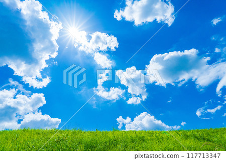 Midsummer sun, blue sky and white clouds 117713347