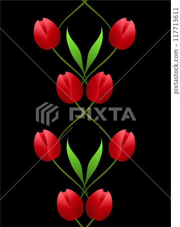 Vertical seamless pattern with red tulips on a black background. 117713611