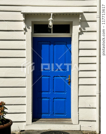 A front entrance of a home with a blue door, Blue front door wit 117713617