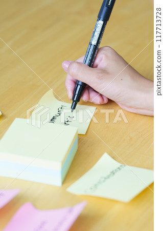 A young woman visualizing issues in the office 117713728