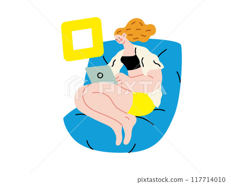 Creative workspace, modern flat vector concept illustration of a woman working sitting with a computer Remote work, flexibility, independence, efficiency, mobility, synergy, freedom 117714010