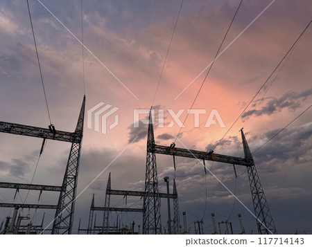 Sunset sky seen through the Shinkansen substation 117714143