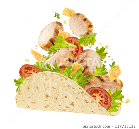 Chicken Caesar roll isolated on white background, package design element 117715132