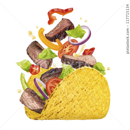Mexican taco ingredients, corn tortilla wrap with falling beef meat and vegetables isolated on white background, full depth of field Mexican taco ingredients, corn tortilla wrap with falling beef meat and vegetables isolated on white background, full depth of field 117715134