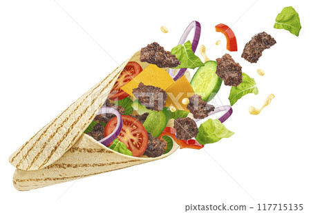 Doner kebab, falling beef meat shawarma ingredients isolated on white background, full depth of field 117715135