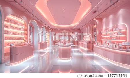 Cosmetic store in light pastel colors with cosmetics 117715164