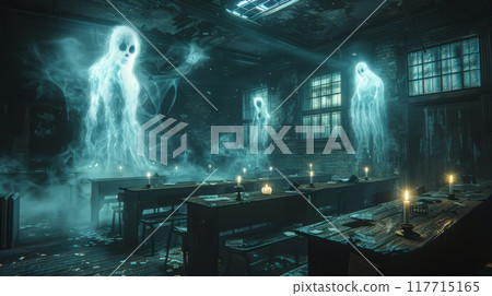creepy school classroom with desks, blue and white fog and ghostly figures 117715165