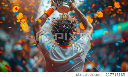Rear view of the winning athlete holding the trophy high above his head 117715185