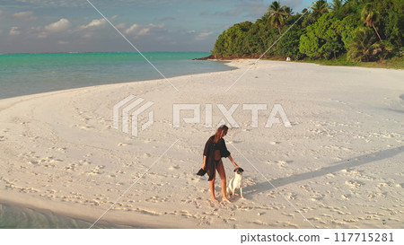Young tourist is enjoying a relaxing walk with her dog on a pristine white sand beach, with lush green palm trees and turquoise waters in the background 117715281