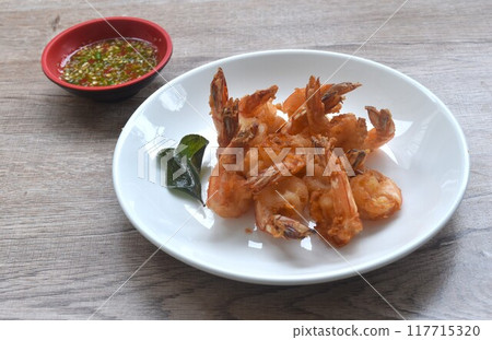 deep fried sea shrimp stuffed flour dipping chili sauce on plate 117715320