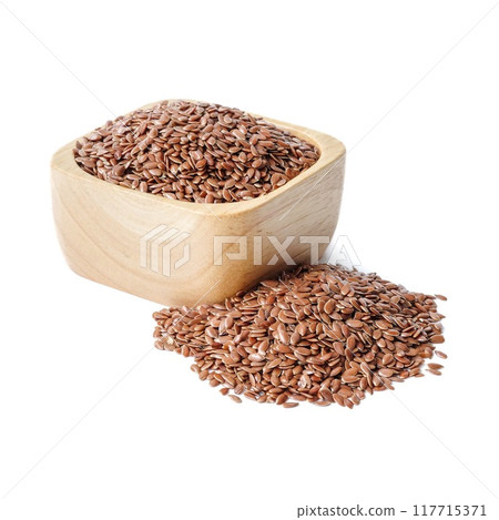 Flax seed in wooden bowls close up on white background. 117715371
