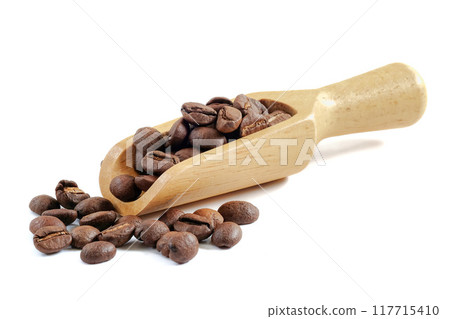 Coffee beans close up on white background. Coffee beans close up on white background. 117715410