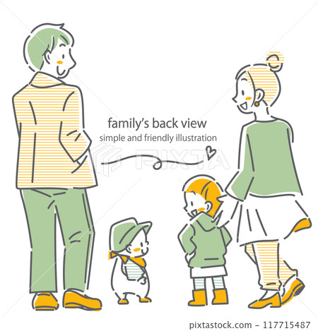 Back view of a young family of four people Simple and stylish line drawing illustration 117715487
