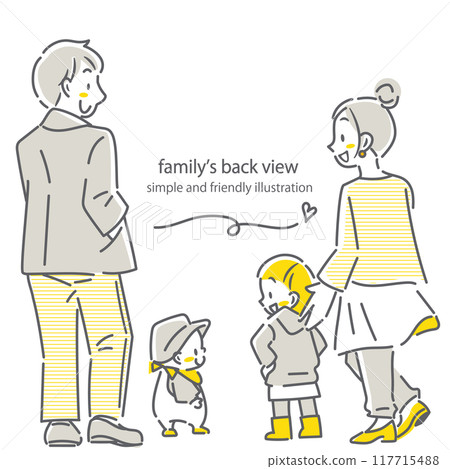 一個年輕四口之家的後視圖,簡單時尚的線條畫插圖 一個年輕四口之家的後視圖,簡單時尚的線條畫插圖 117715488