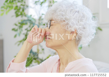 Senior woman with stuffy nose in living room Senior woman with stuffy nose in living room 117715552