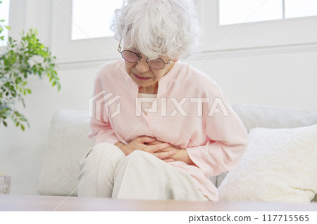 Senior woman with stomachache in living room 117715565