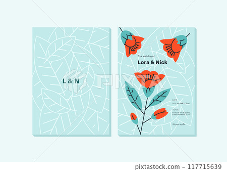 Floral wedding invitation card template design with red flowers on blue background Floral wedding invitation card template design with red flowers on blue background 117715639