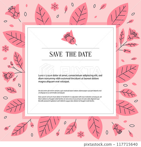 Square floral wedding invitation card template design with flowers and leaves Square floral wedding invitation card template design with flowers and leaves 117715640