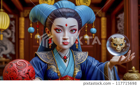 A fabulous fantastic mysterious fortune teller with piercing eyes predicts fate on a magic ball. 117715698