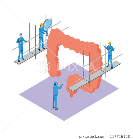 Illustration of a worker performing maintenance on the large intestine Illustration of a worker performing maintenance on the large intestine 117716198