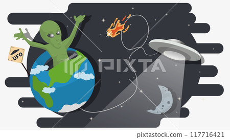 An alien climbs out of the bowels of planet Earth against the background of space and UFOs flat childrens doodles 117716421