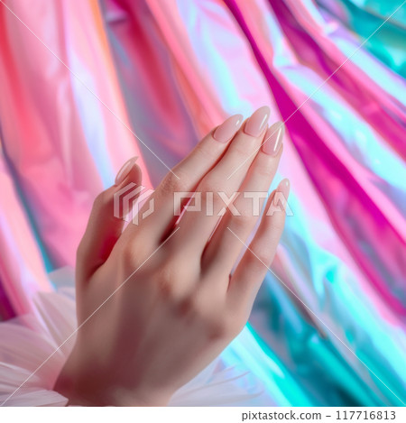 Elegant Nude Ombre Stiletto Nails on Female Hand 117716813