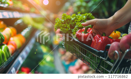Woman Shopping for Fresh Produce in Grocery Store 117716862