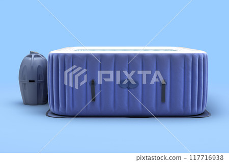 New open blue portable outdoor swimming pool right view 3d render on blue New open blue portable outdoor swimming pool right view 3d render on blue 117716938