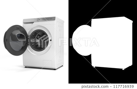 New open modern Washing machine perspective view 3D render on white with alpha New open modern Washing machine perspective view 3D render on white with alpha 117716939