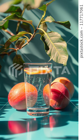 Refreshing Mango Sparkling Water with Tropical Foliage 117717061
